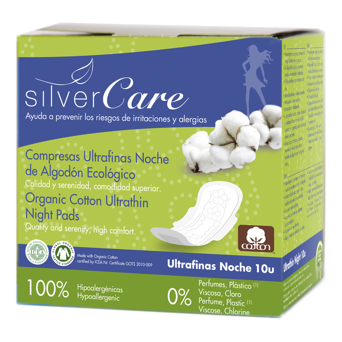 MASMI Silver Care Ultracienkie bawełniane podpaski na noc ze skrzydełkami 100% bawełny organicznej 10szt