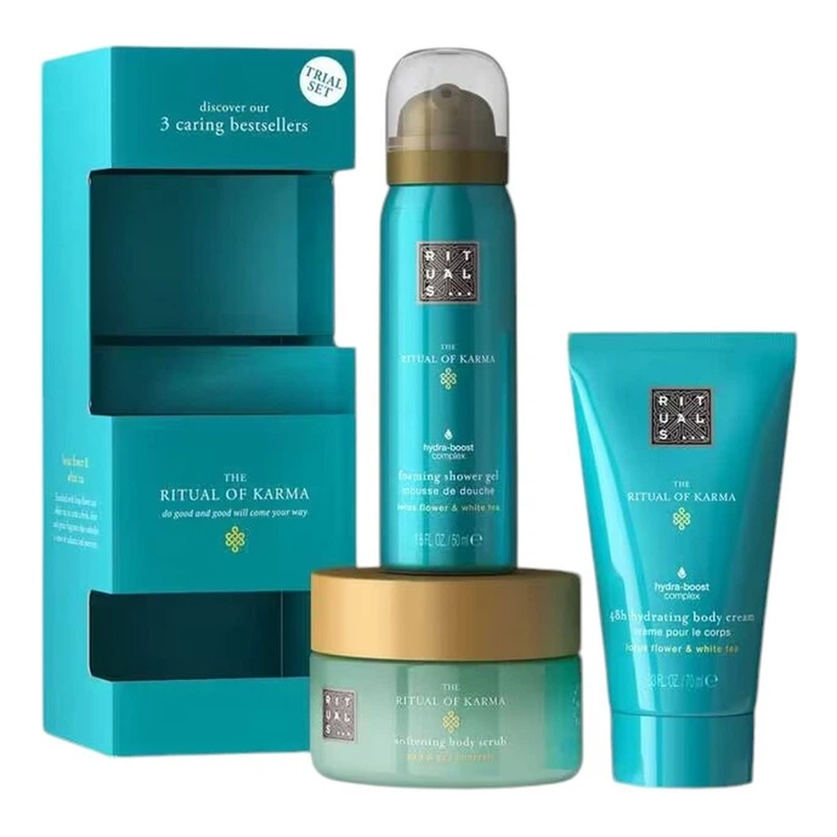 Rituals The Ritual Of Karma Foaming Shower Gel żel pod prysznic 50ml + Body Scrub peelinig do ciała 125g + Body Cream krem do ciała 70ml