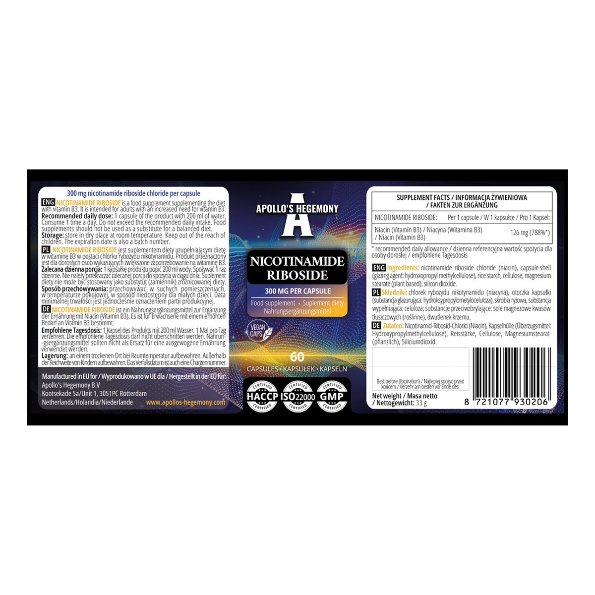 Apollo's Hegemony Nicotinamide Riboside suplement diety 60 Kapsułek