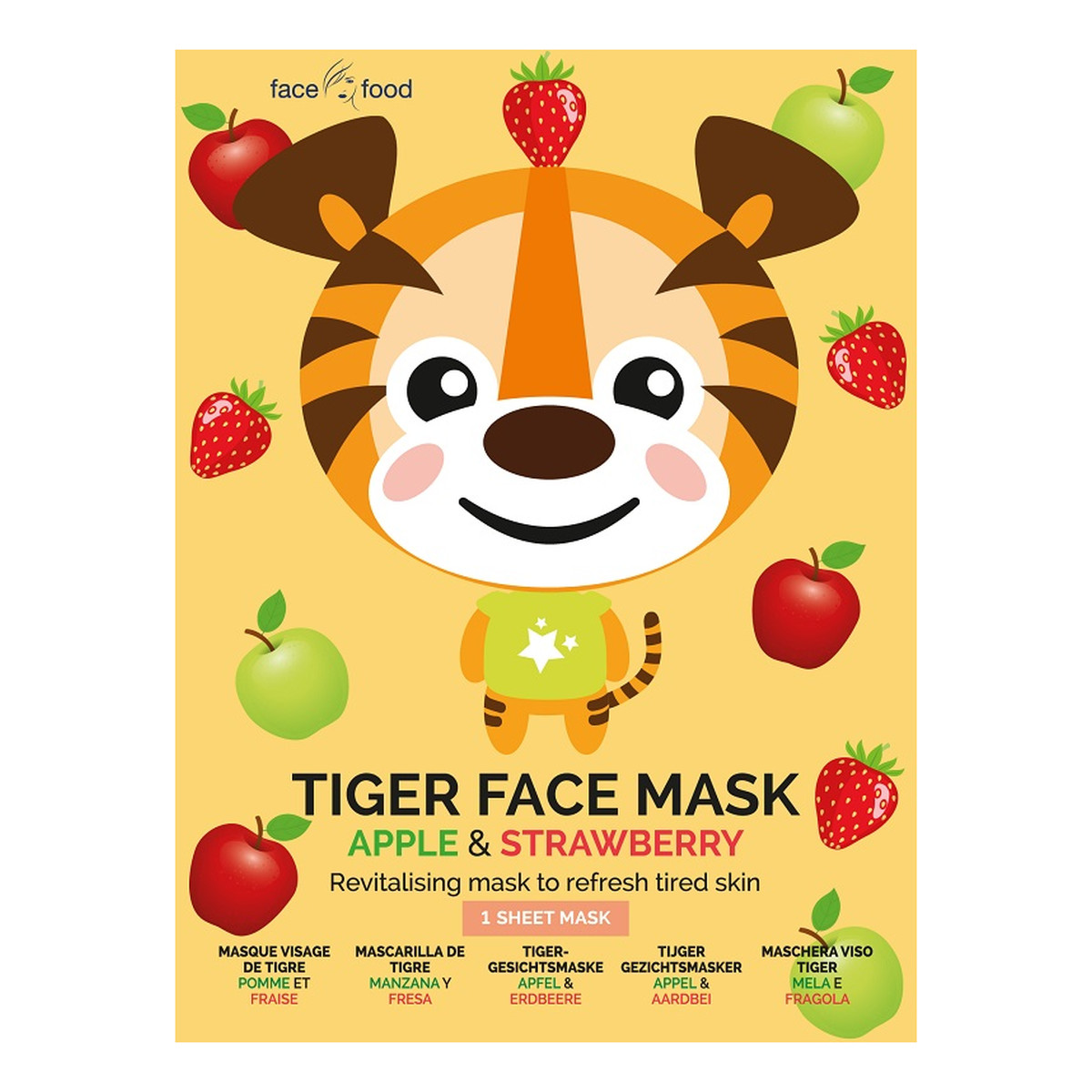 7th Heaven Face Food Tiger Face Mask rewitalizująca maseczka odświeżająca w płachcie do skóry zmęczonej Apple & Strawberry