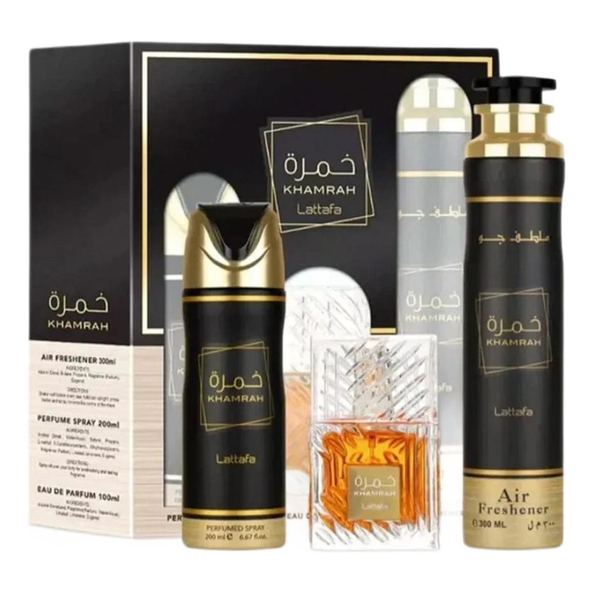 Lattafa Khamrah zestaw woda perfumowana spray 100ml + dezodorant spray 200ml + odświeżacz powietrza 300ml