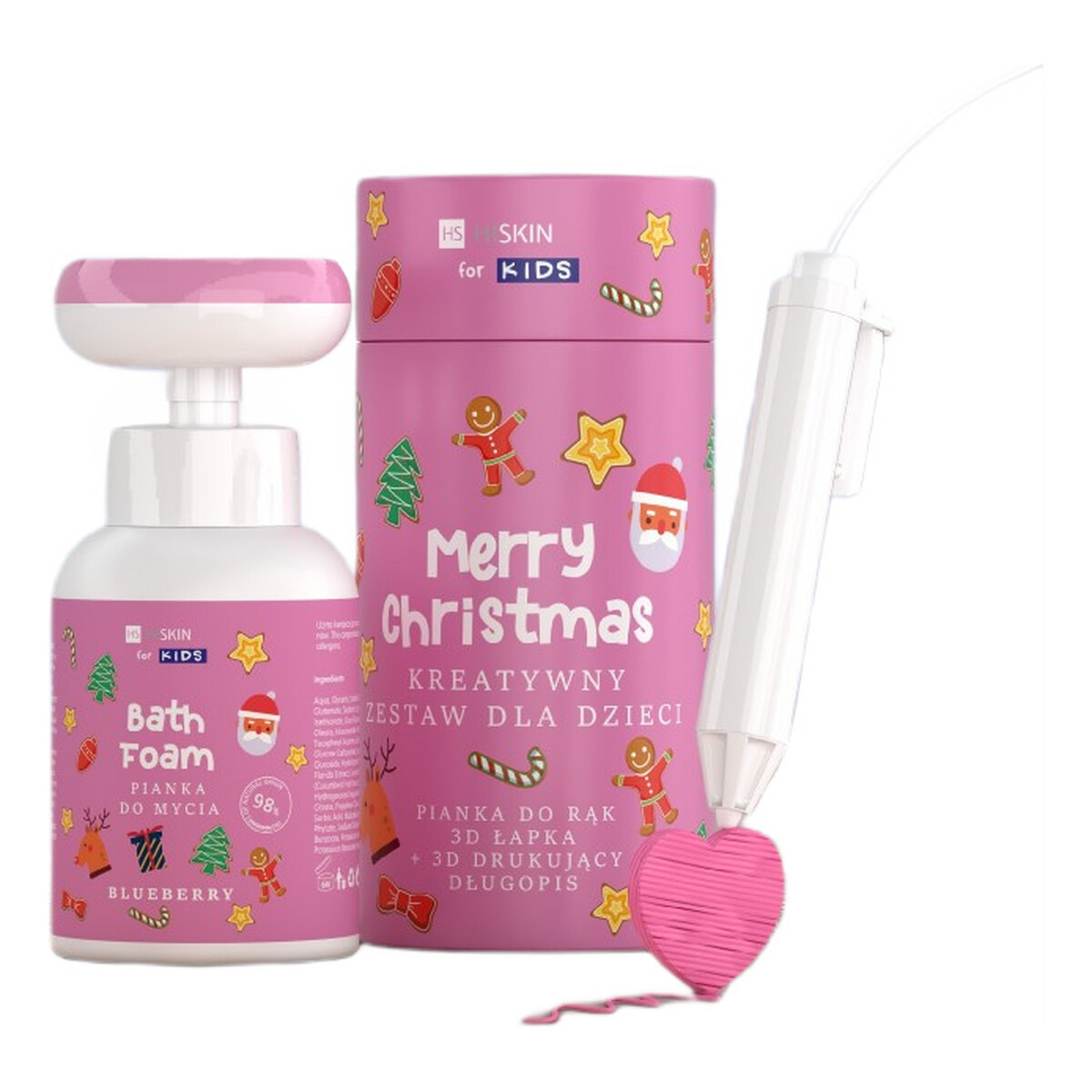 Hiskin Kids Merry Christmas kreatywny Zestaw dla dzieci różowa pianka do mycia rąk jagodowa 300ml + długopis 3d 1szt