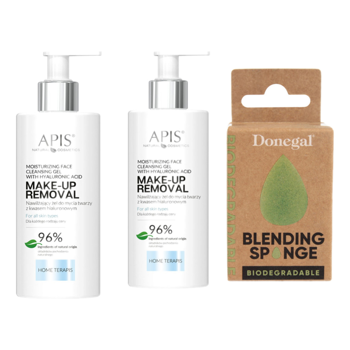 Apis Make-Up Removal Nawilżający żel do mycia twarzy z kwasem hialuronowym 2x300ml + Gąbeczka do makijażu