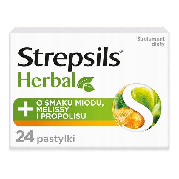 Strepsils Herbal pastylki do ssania łagodzące podrażnione gardło i struny głosowe suplement diety miód melisa i propolis 24szt.