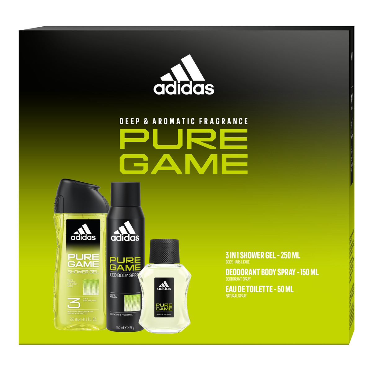 Adidas ADIDAS Zestaw prezentowy pure game (woda toaletowa 50ml+dezodorant spray 150ml+żel pod prysznic 3w1 250ml)