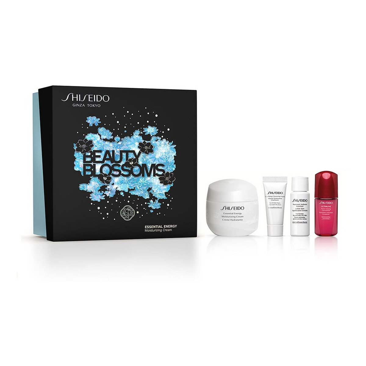 Shiseido Beauty Blossoms Zestaw essential energy moisturizing cream 50ml + ultimune power infusing 10ml + treatment softener enriched 7ml + clarifying cleansing foam 5ml