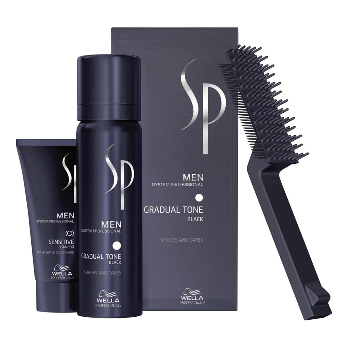 Wella Professionals SP Men Gradual Tone Black zestaw do stopniowej eliminacji siwizny pianka pigmentująca 60ml + łagodny szampon + szczoteczka