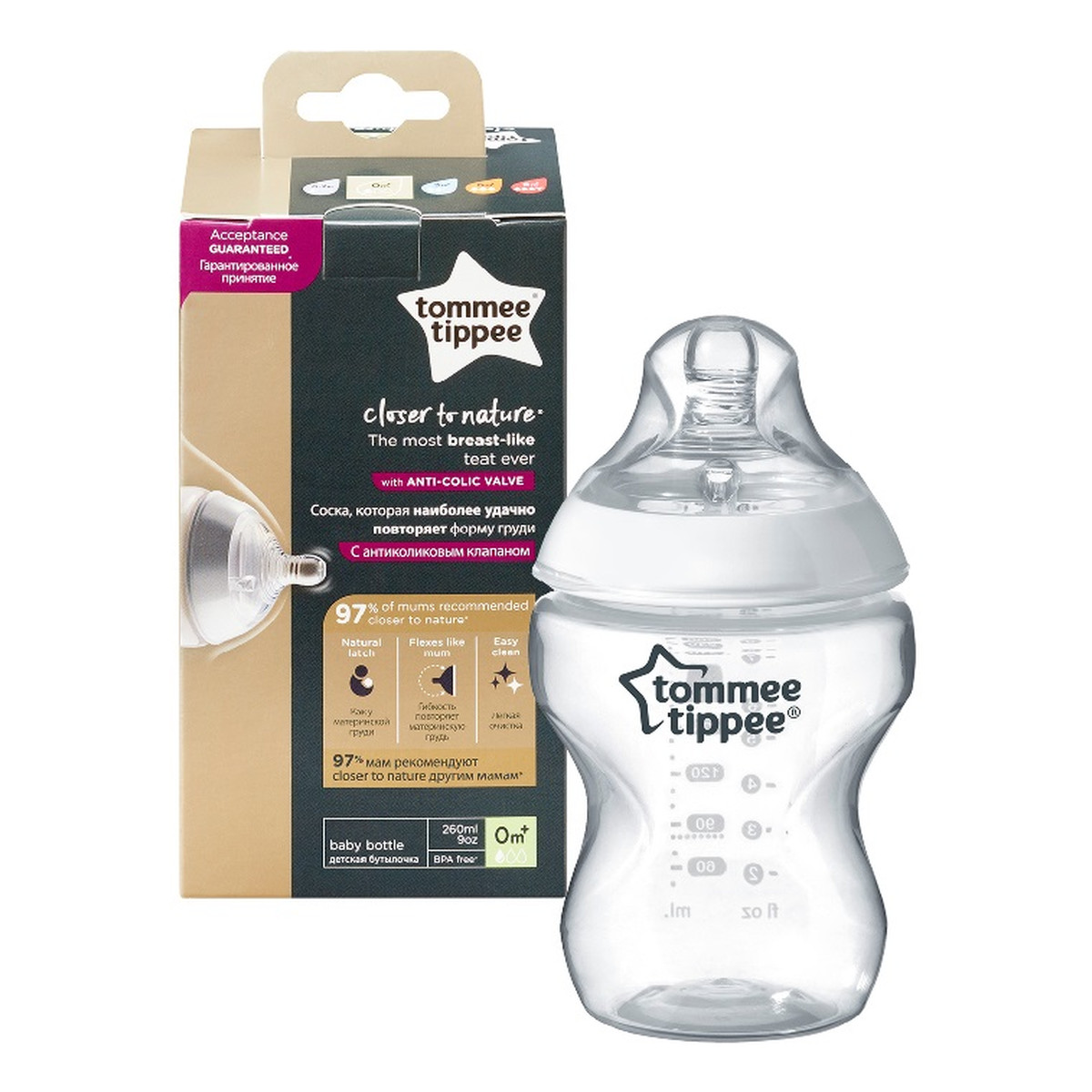 Tommee Tippee Closer to nature butelka do karmienia ze smoczkiem silikonowym 0m+ 260ml