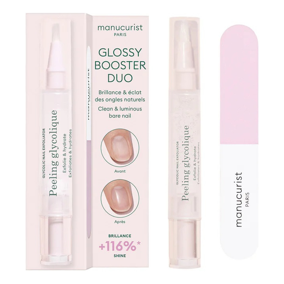 Manucurist Glossy Booster Duo Zestaw peeling z kwasem glikolowym + dwufazowa polerka