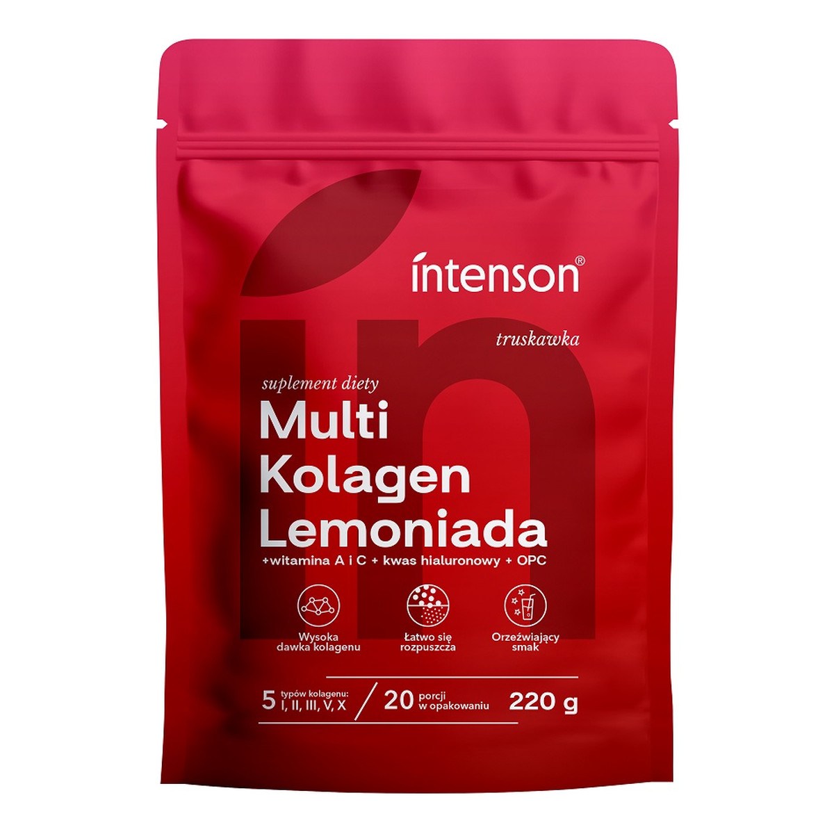 Intenson Multi Kolagen Lemoniada + witamina C + kwas hialuronowy + OPC suplement diety Truskawka 220g