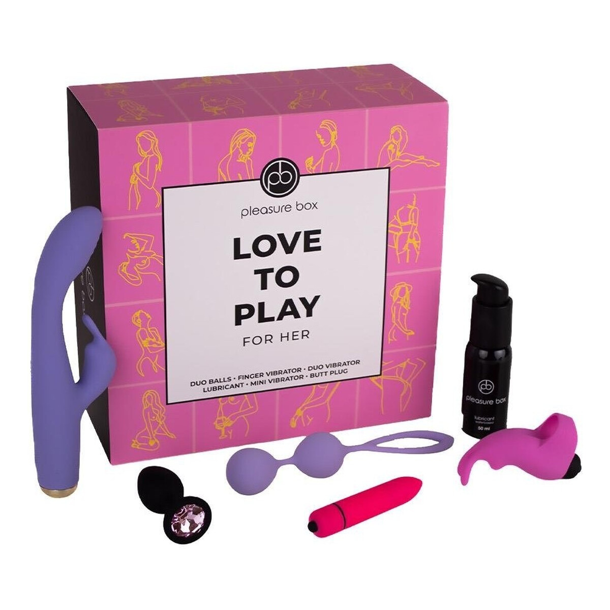 Dream Toys Pleasure Box Love to Play Zestaw duo love balls kulki gejszy + finger vibrator wibrator na palec + anal plug korek analny + rabbit vibrator wibraor + lubrykant + mini vibrator wibrator + velvet pouch worek