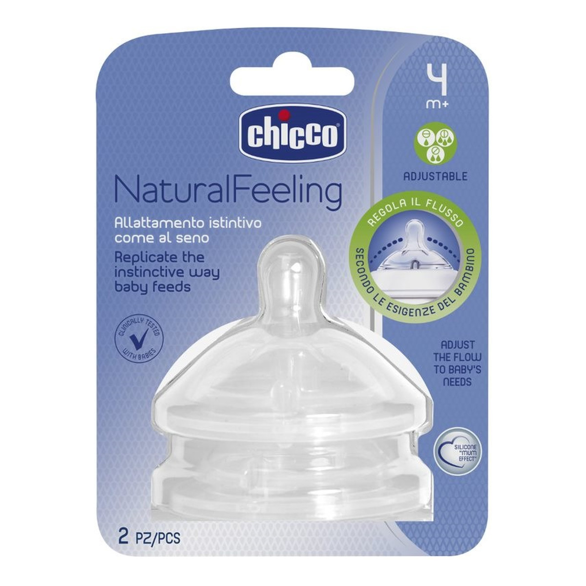 Chicco Natural feeling smoczek silikonowy na butelkę trójprzepływowy 4m+ 2szt.