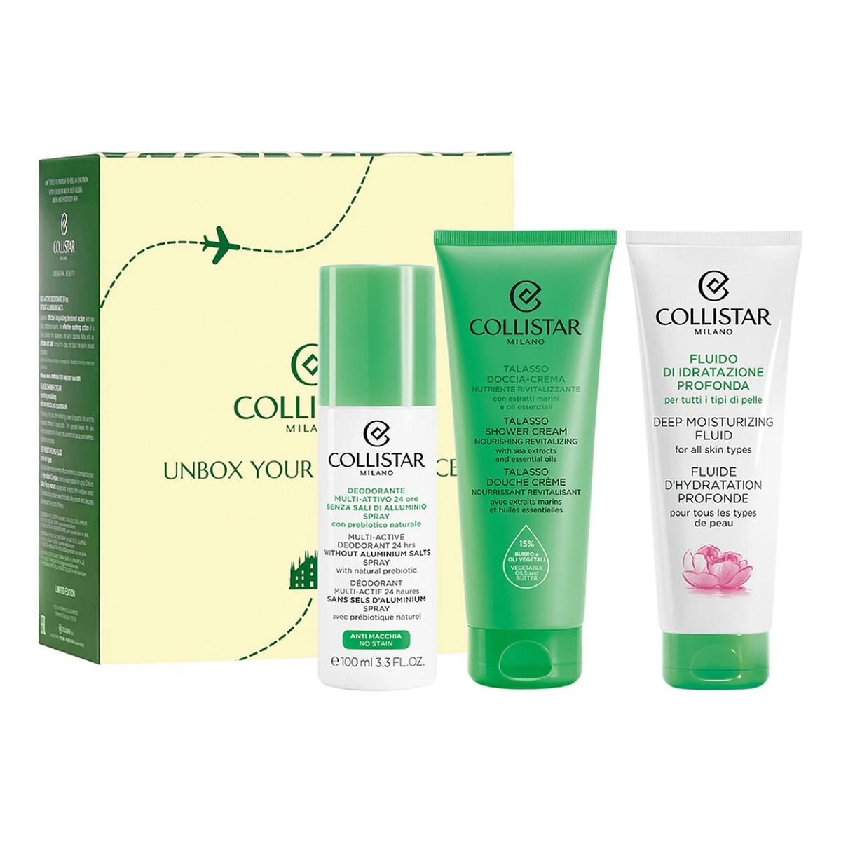 Collistar Unbox Your Confidence Zestaw dezodorant w sprayu 100ml + fluid głęboko nawilżający 100ml + kremowy żel pod prysznic 100ml