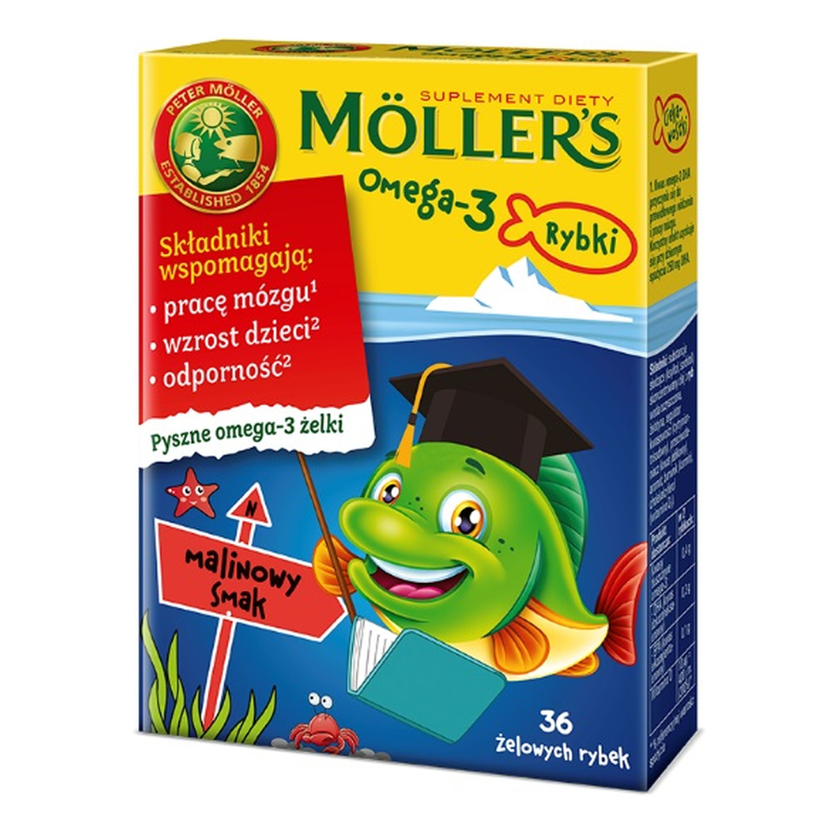 Moller's Omega-3 Rybki żelki z kwasami omega-3 i witaminą D3 dla dzieci Malinowe 36szt.