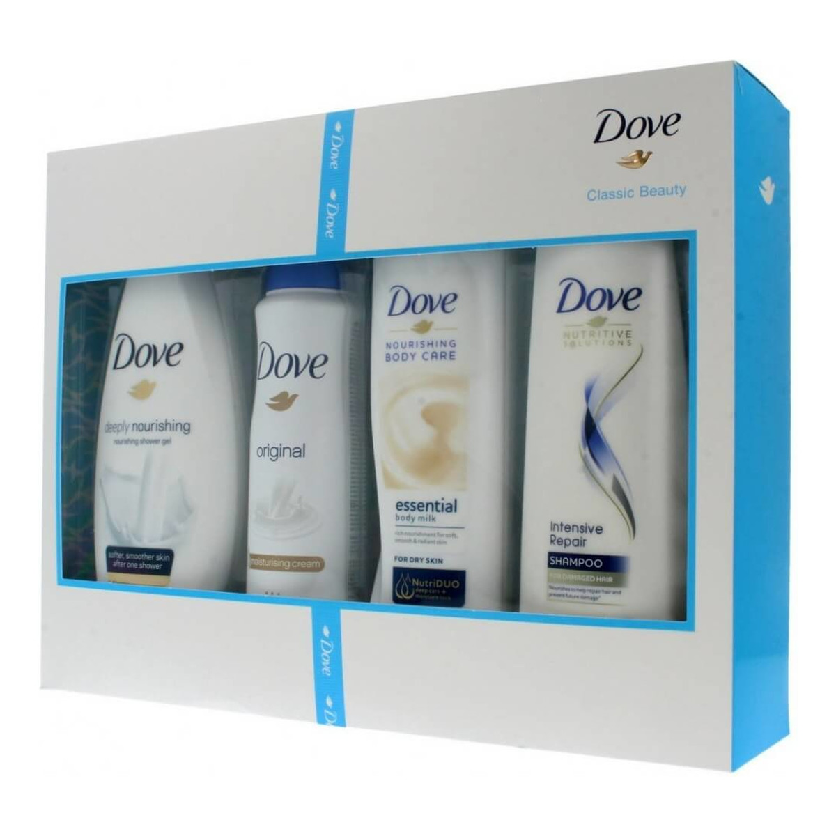 Dove zestaw prezentowy Classic Beauty dezodorant spray 150ml + żel pod prysznic 250ml + mleczko do ciała 250ml + szampon do włosów 250ml