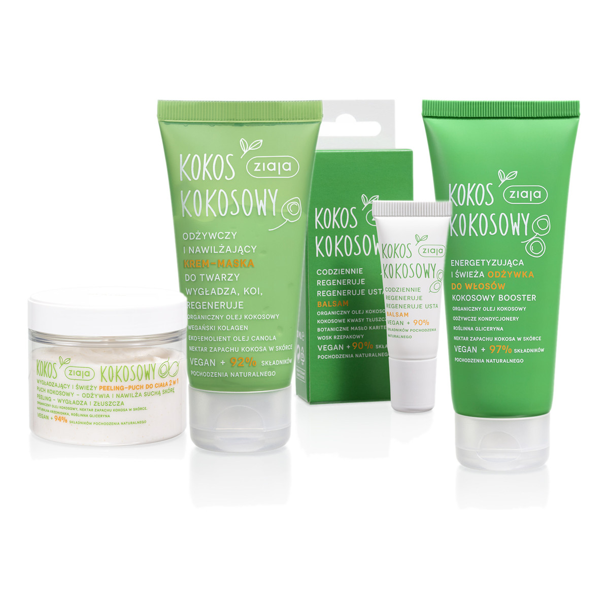 Ziaja Kokos Kokosowy Peeling do ciała + odżywka do włosów + krem do twarzy + balsam do ust