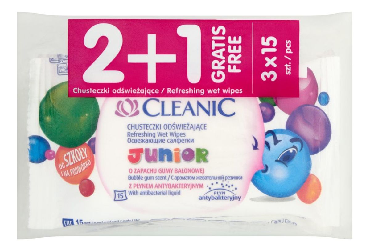 Junior Chusteczki odświeżające o zapachu gumy balonowej 3 x 15 sztuk
