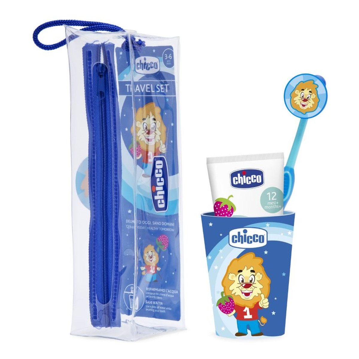 Chicco Travel Set Zestaw podróżny do mycia zębów pasta + szczoteczka + kubek + etui 3-6l niebieski