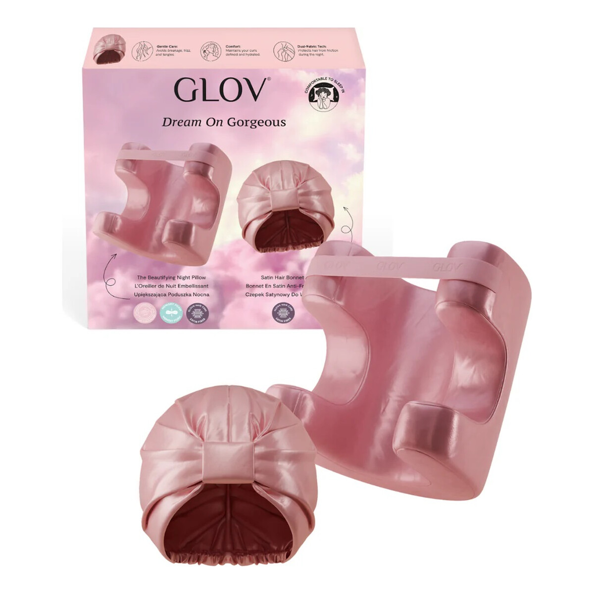 Glov Dream On Gorgeous Zestaw satynowy czepek do włosów + upiększająca poduszka nocna