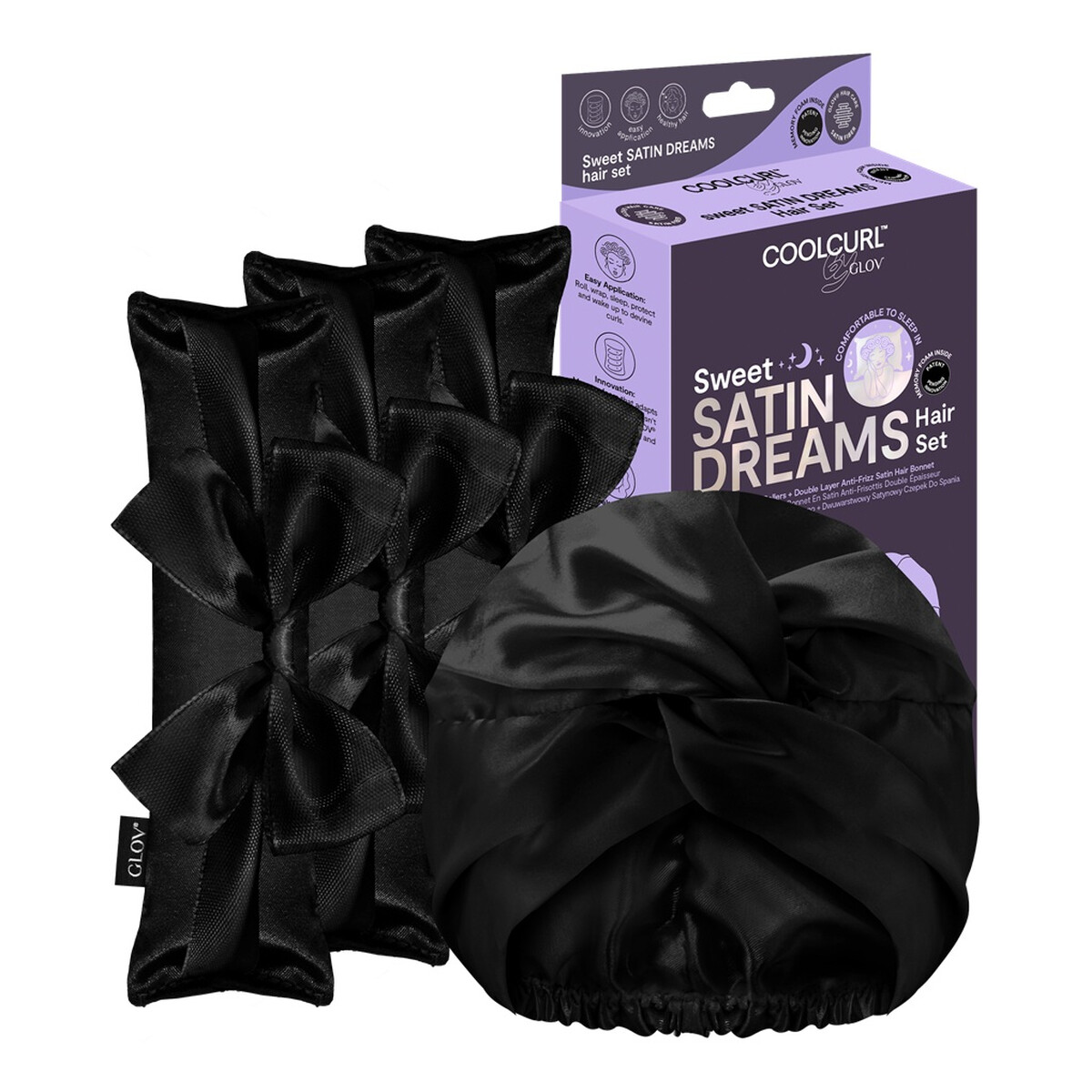 Glov Sweet Satin Dreams Zestaw wałki do kręcenia włosów na zimno 3szt + dwuwarstwowy satynowy czepek do spania 1szt black