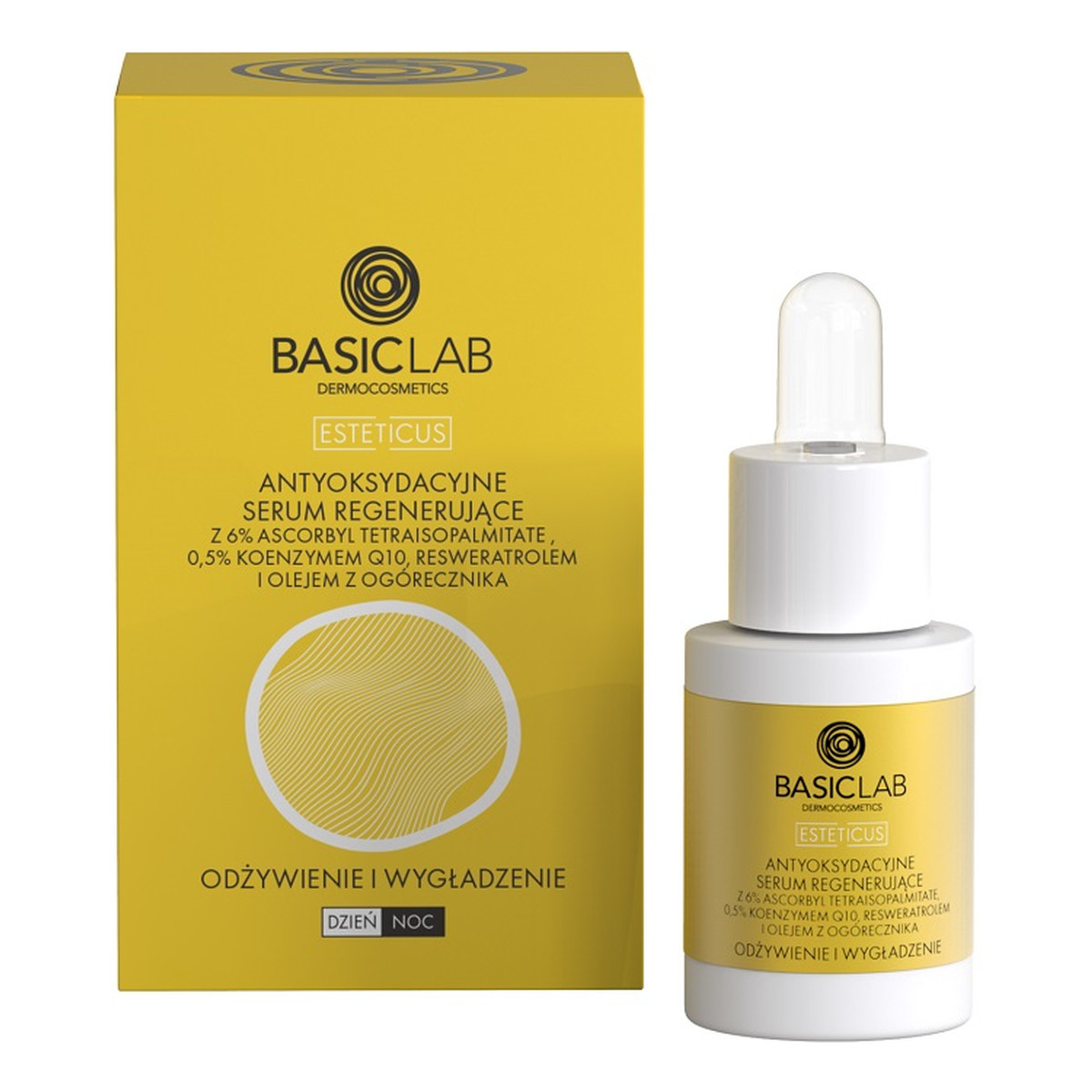 Basiclab Esteticus Antyoksydacyjne serum regenerujące 6% ascorbyl tetraisopalmitate 0.5% koenzymem Q10 i Olejem Z Ogórecznika 15ml
