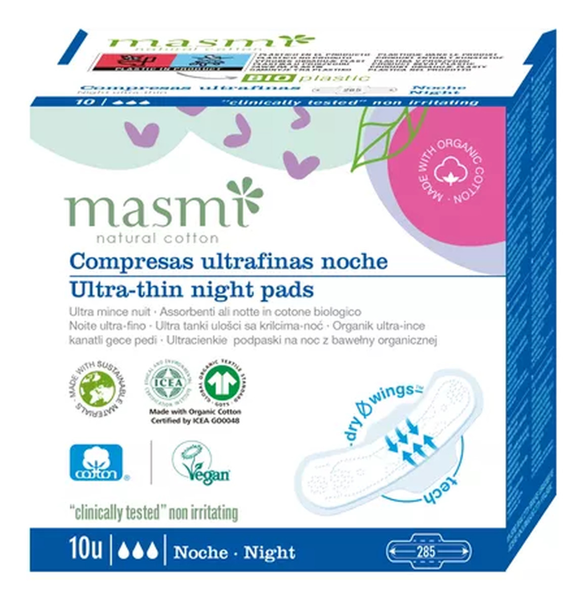 Ultracienkie bawełniane podpaski na noc ze skrzydełkami -100% bawełny organicznej 10 szt.