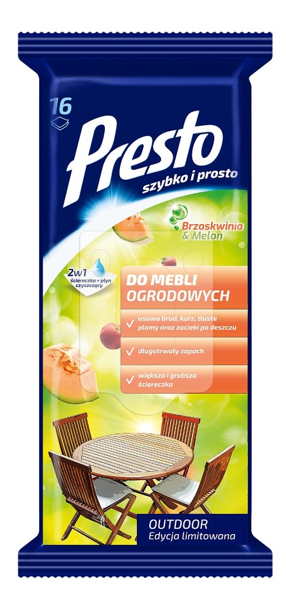 Ściereczki czyszczące + płyn 2w1 do mebli ogrodowych Brzoskwinia & Melon 16szt