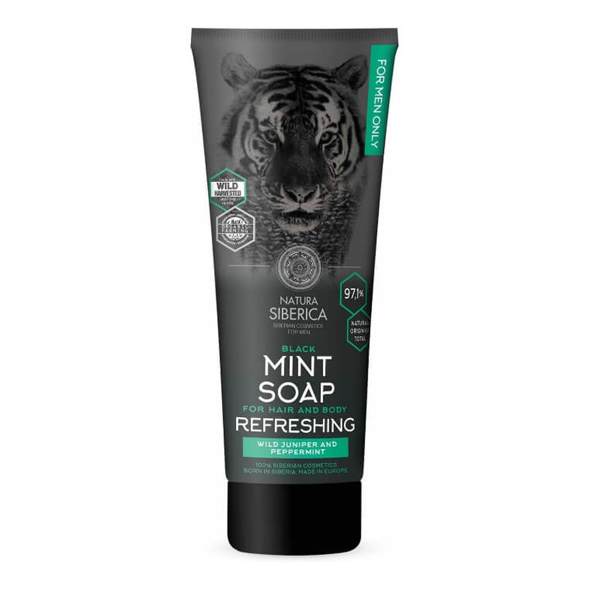Natura Siberica Men Naturalne, miętowe, odświeżające, czarne mydło do włosów i ciała 200ml