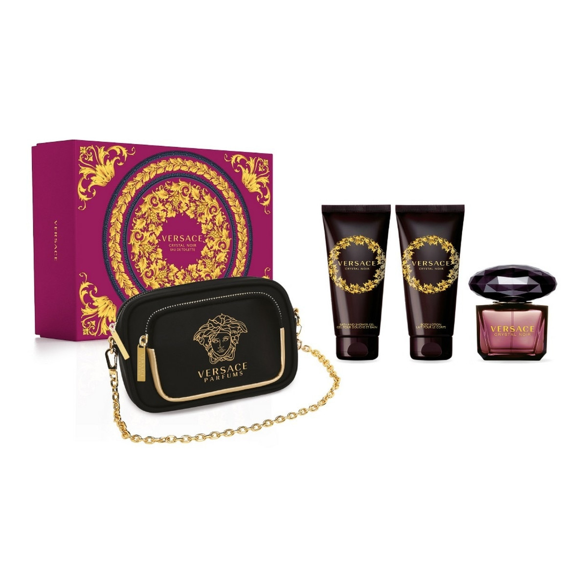Versace Crystal Noir Zestaw woda toaletowa spray 90ml + balsam do ciała 100ml + żel pod prysznic 100ml + torebka