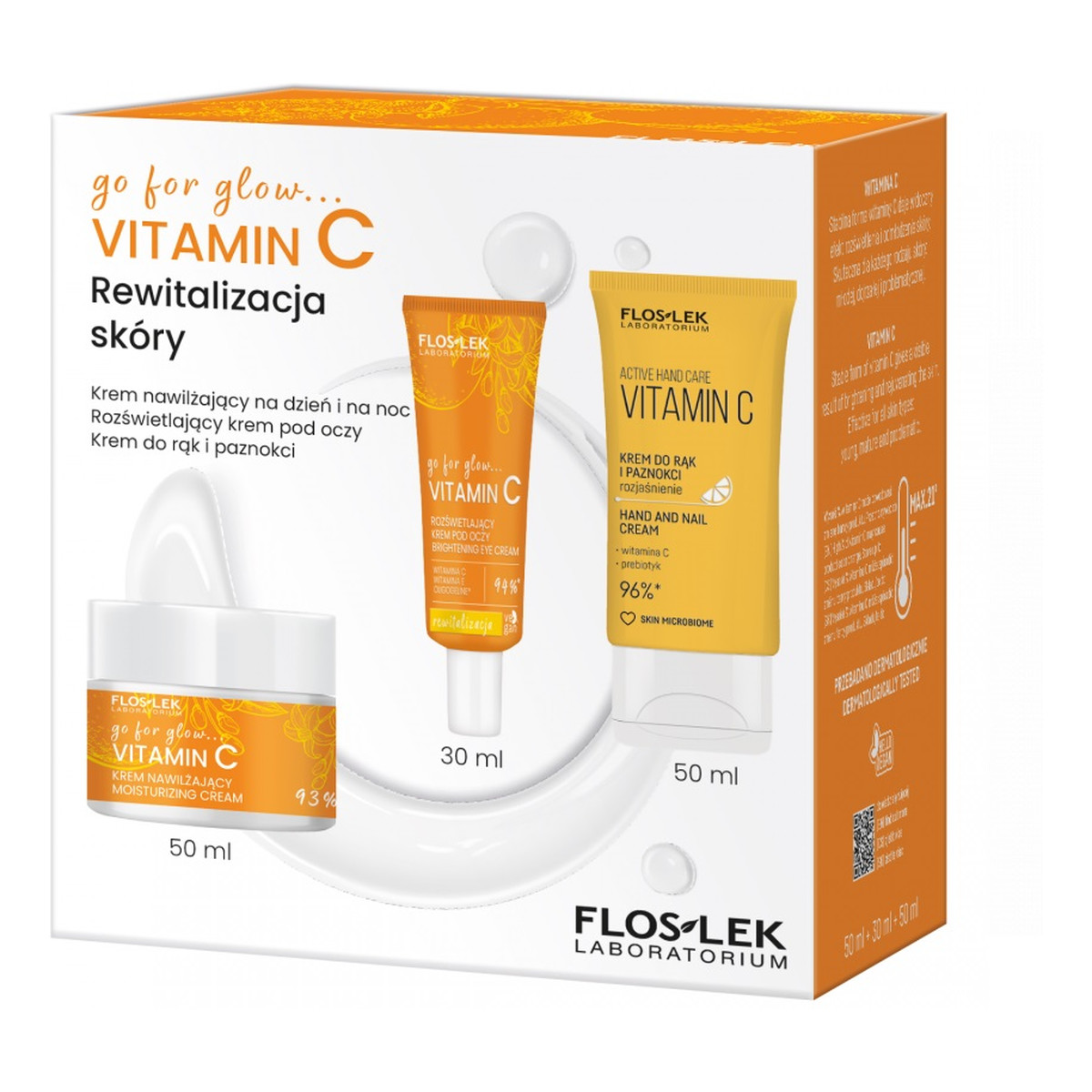 FlosLek go for glow…VITAMIN C Rewitalizacja skóry Zestaw krem nawilżający na dzień i na noc 50ml + rozświetlający krem pod oczy 30ml + krem do rąk i paznokci 50ml