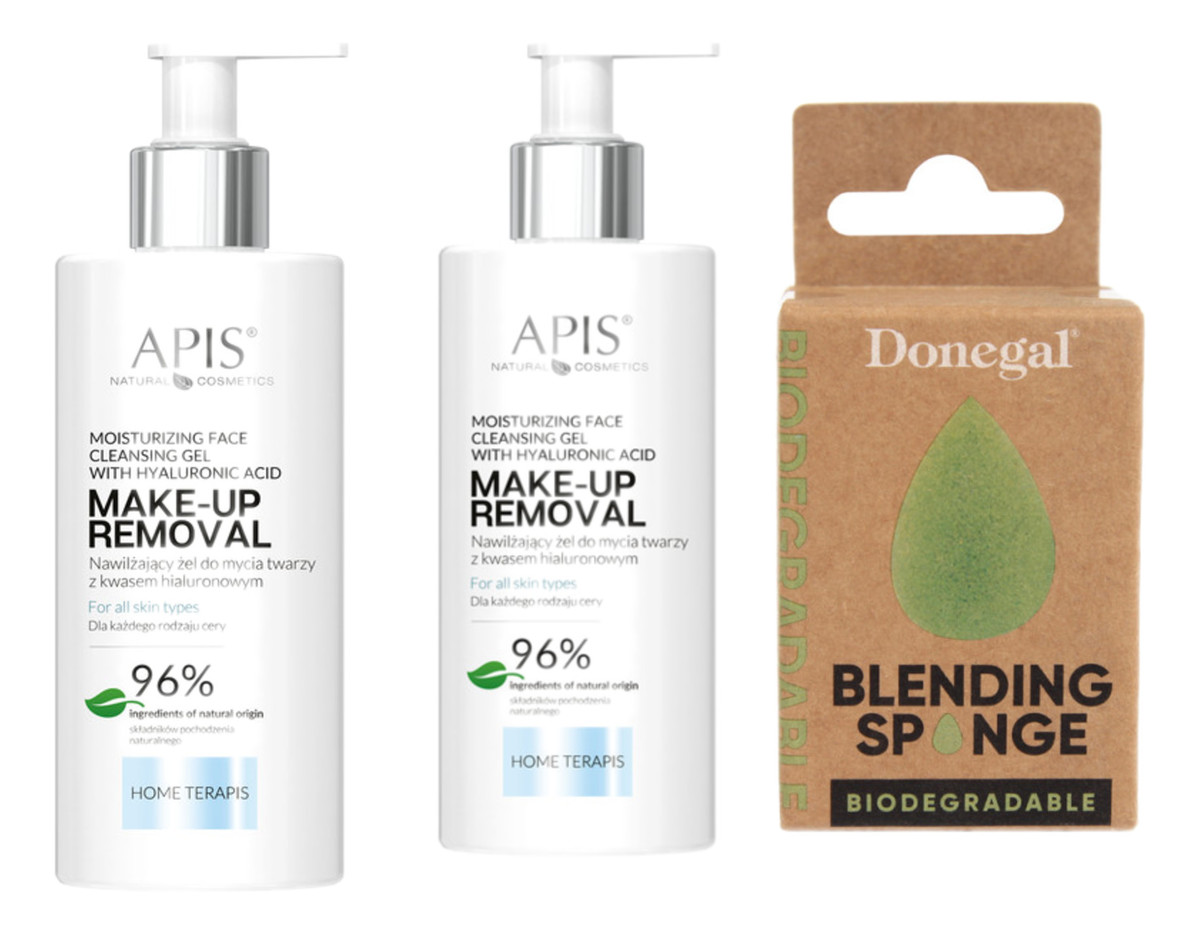 Nawilżający żel do mycia twarzy z kwasem hialuronowym 2x300ml + Gąbeczka do makijażu