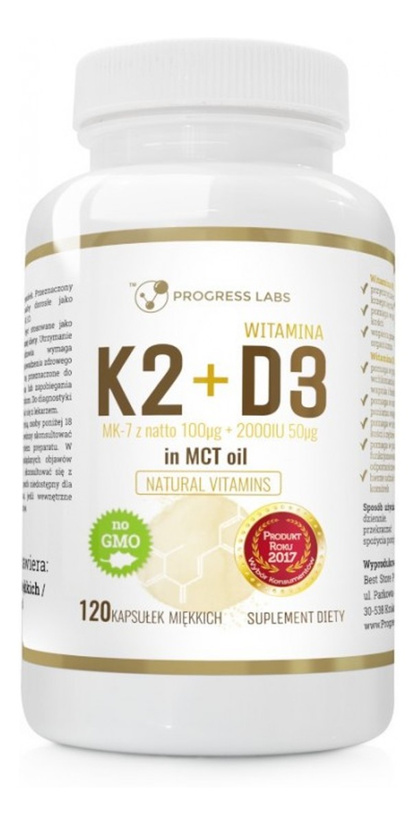 Witamina K2 MK-7 z Natto 100mcg + D3 50mcg suplement diety 120 kapsułek