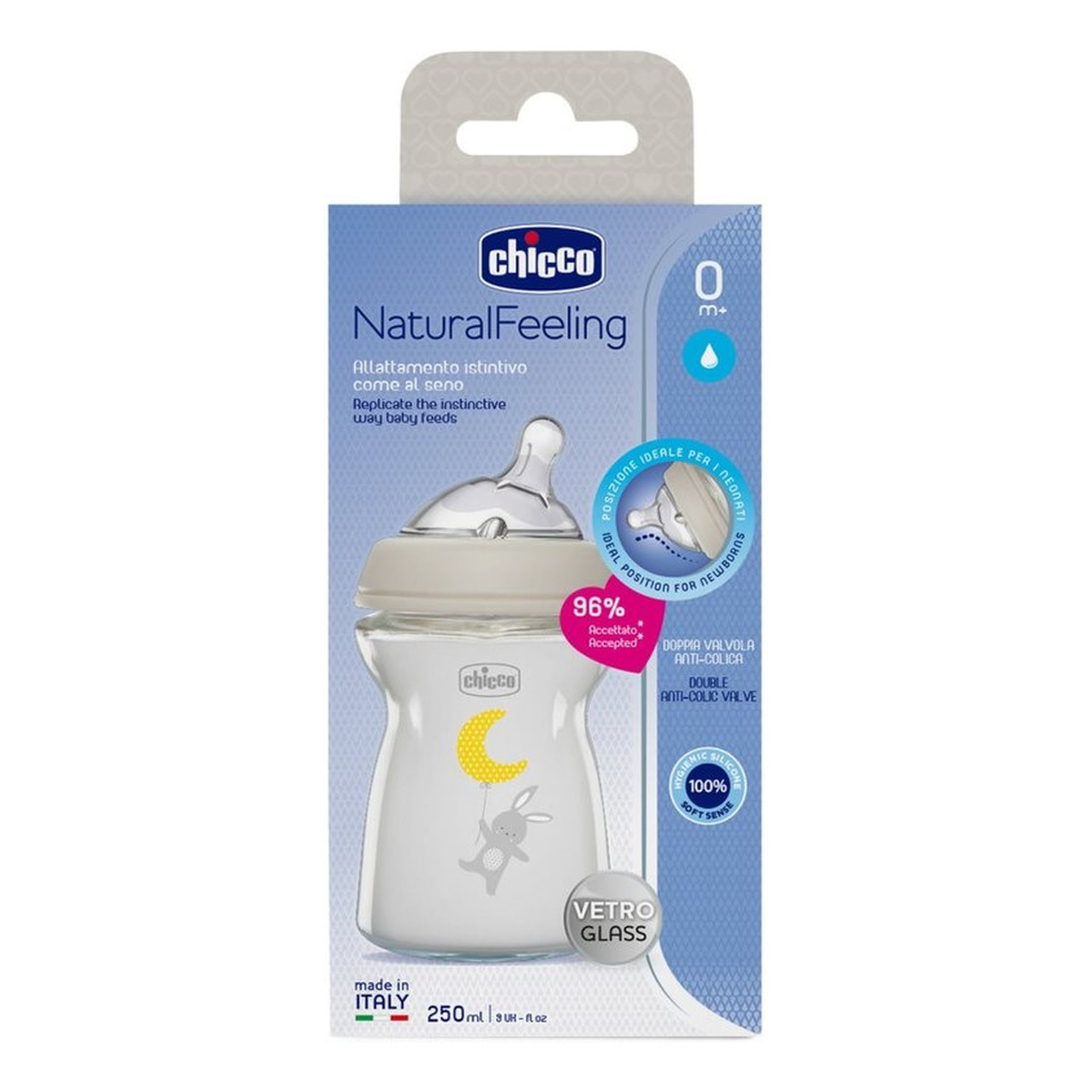 Chicco NaturalFeeling butelka szklana ze smoczkiem silikonowym przepływ wolny 0m+ 250ml