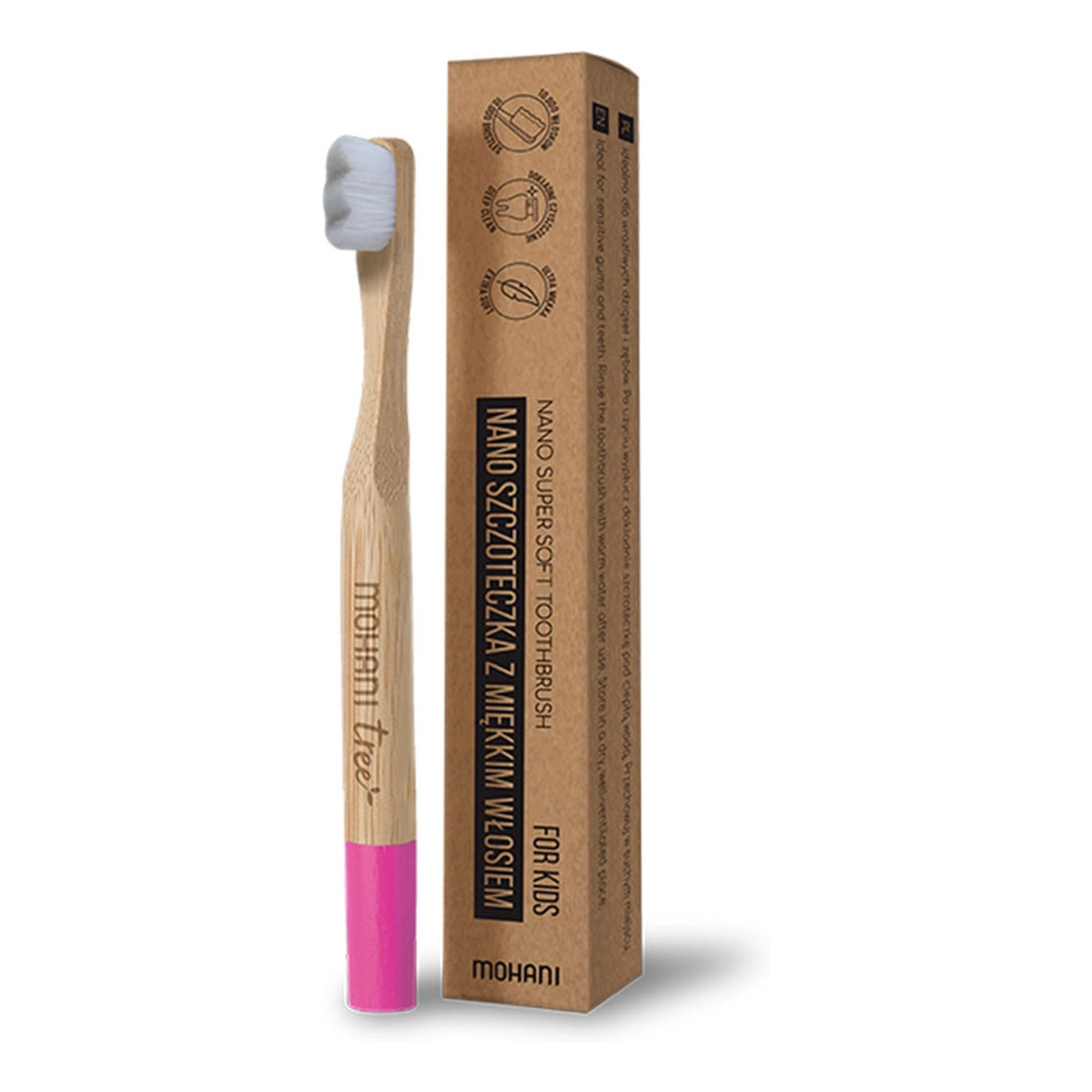 Mohani Nano szczoteczka bambusowa do zębów dla dzieci różowa, delikatna szczoteczka 10 tysięcy włosków