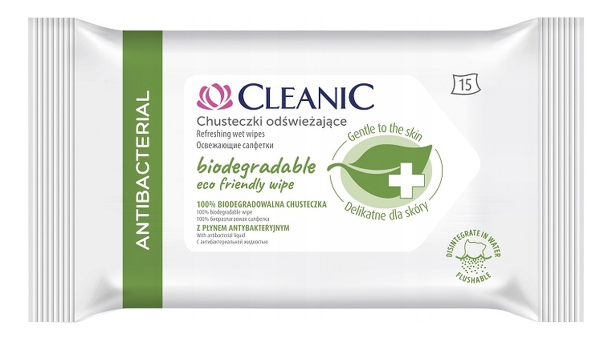 Antibacterial Biodegradowalne chusteczki odświeżające z płynem antybakteryjnym 15 szt.