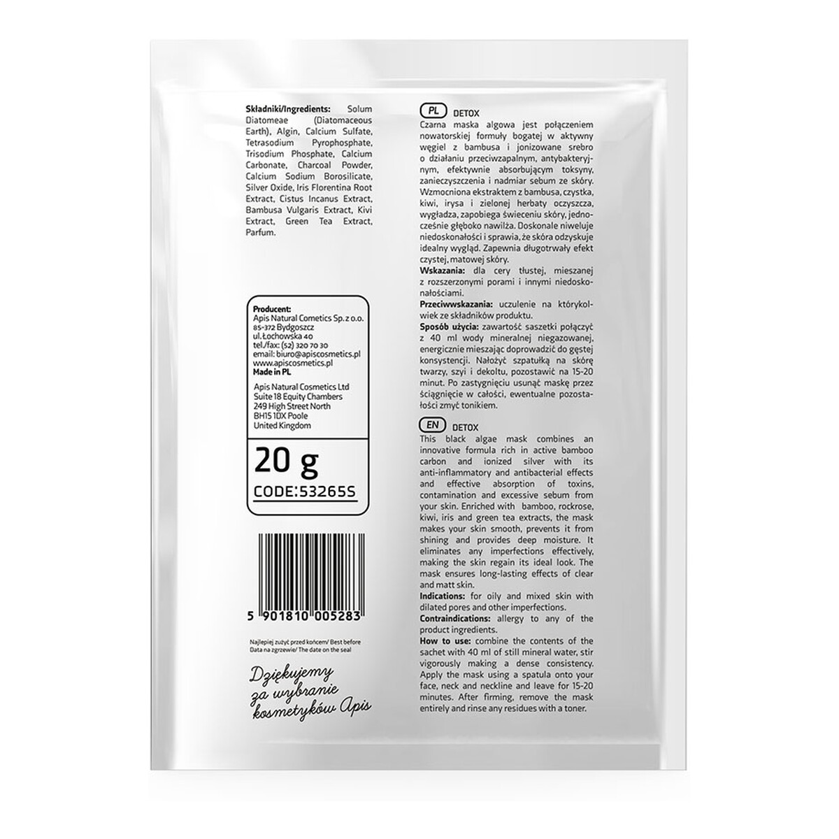 Apis Detox Algae Mask detoksykująca maska algowa z węglem z bambusa i jonizowanym srebrem 20g