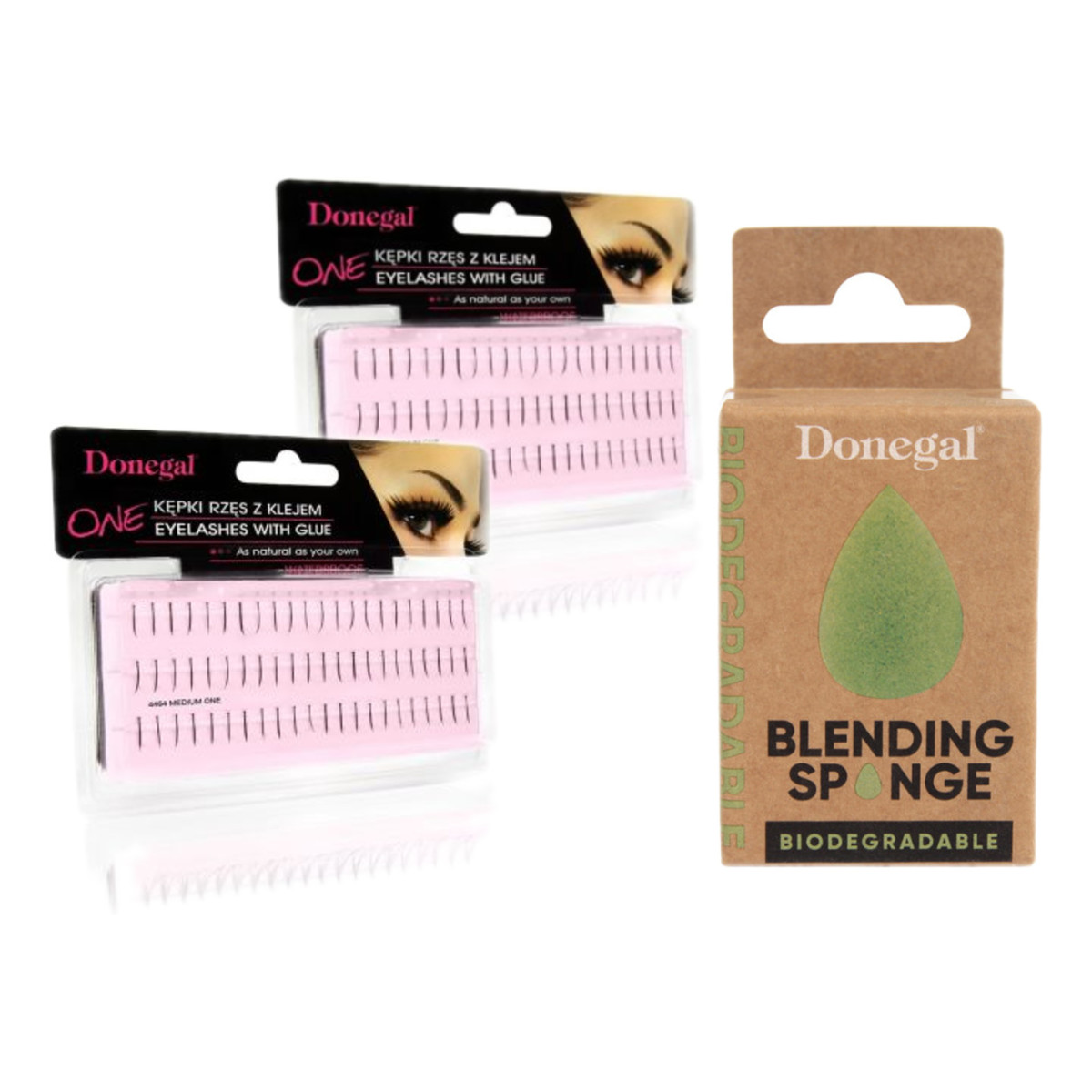 Donegal Kępki sztucznych rzęs pojedyncze 2 opakowania + Gąbeczka bio do makijazu