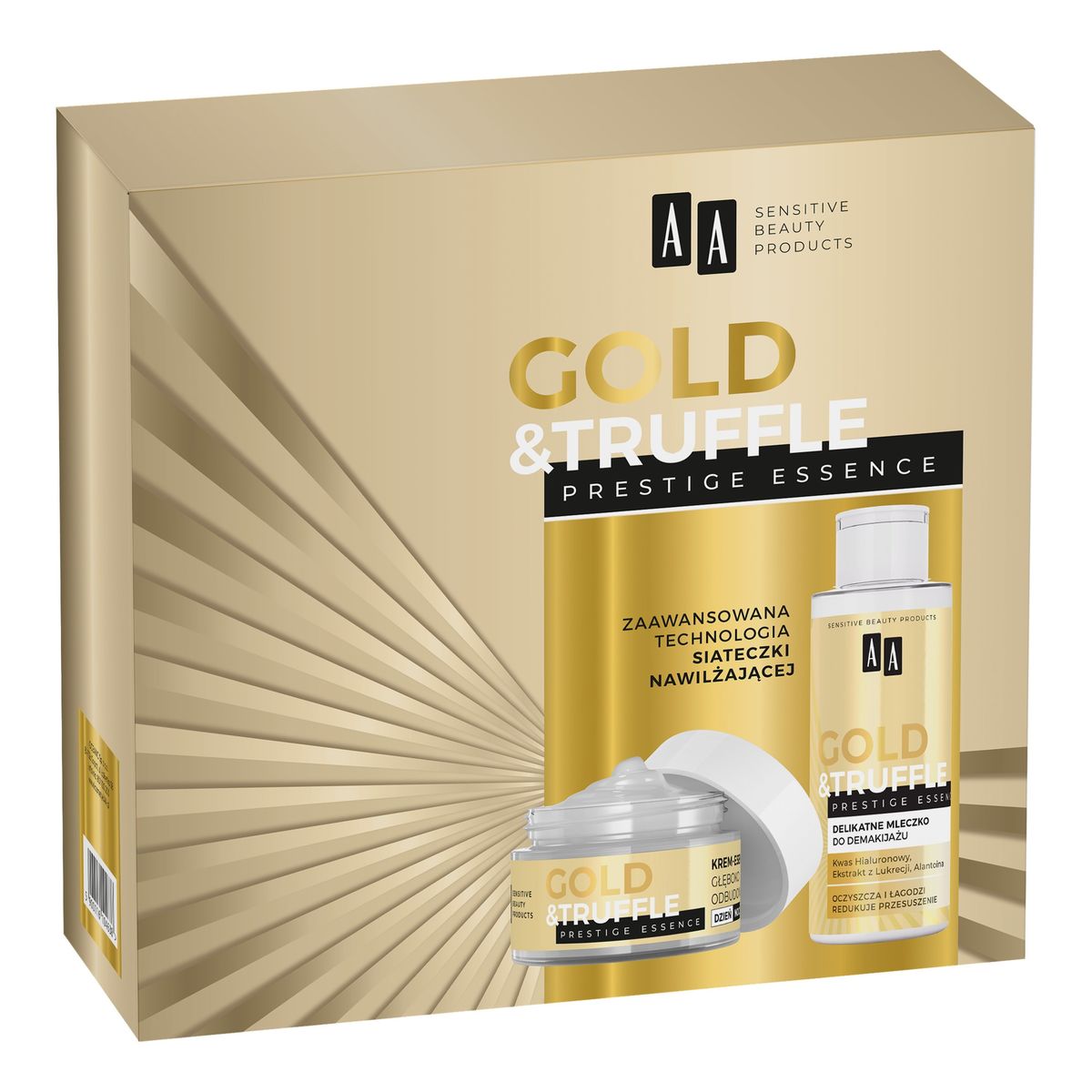 AA Zestaw prezentowy gold & truffle 65 prestige essence (krem-esencja odbudowujący 50 ml+mleczko do demakijażu 150 ml)