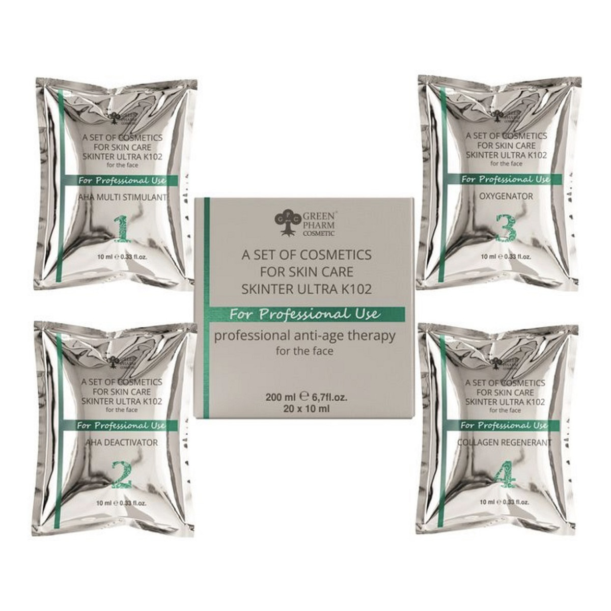 Green Pharm Cosmetics Skinter Ultra żel multistymulujący z kwasami AHA 5x10ml + żel-dezaktywator z kwasami AHA 5x10ml + żel-oksygenator 5x10ml + kolagenowy żel regenerator 5x10ml