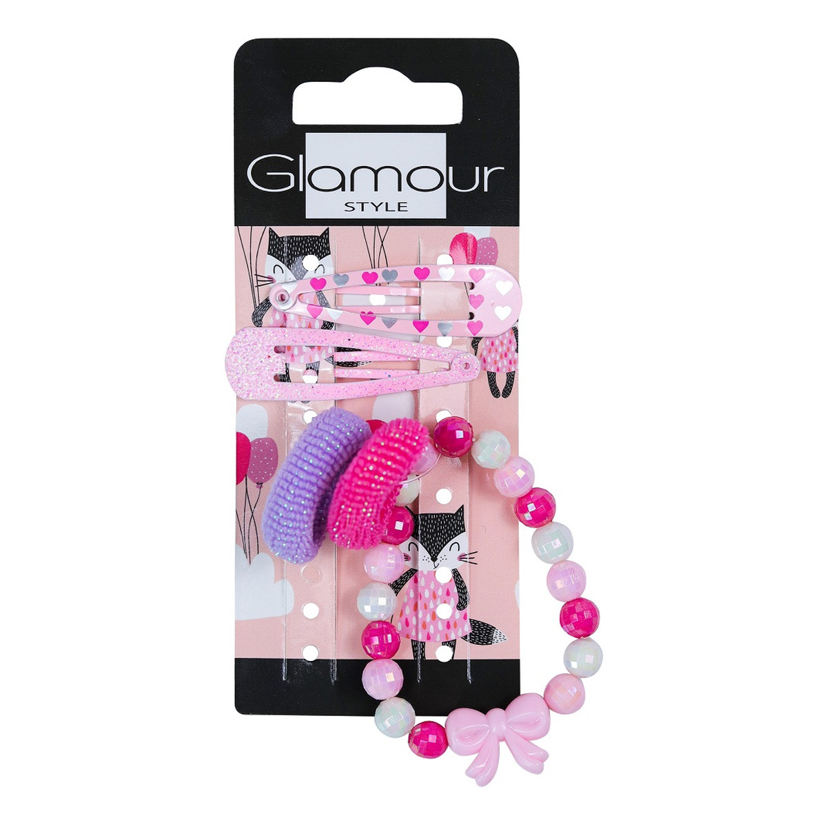 Glamour Kids Zestaw gumki do włosów 2szt. + spinki do włosów 2szt.+ bransoletka serduszka