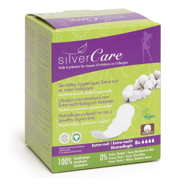Silver care ekstradługie podpaski na noc z bawełny organicznej 8szt