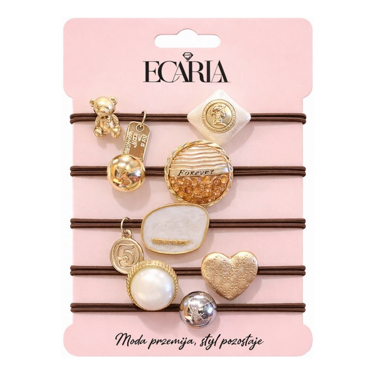 Ecarla Zestaw frotek gumek 5w1 na plakietce brązowe z kamieniami złote serce gum184