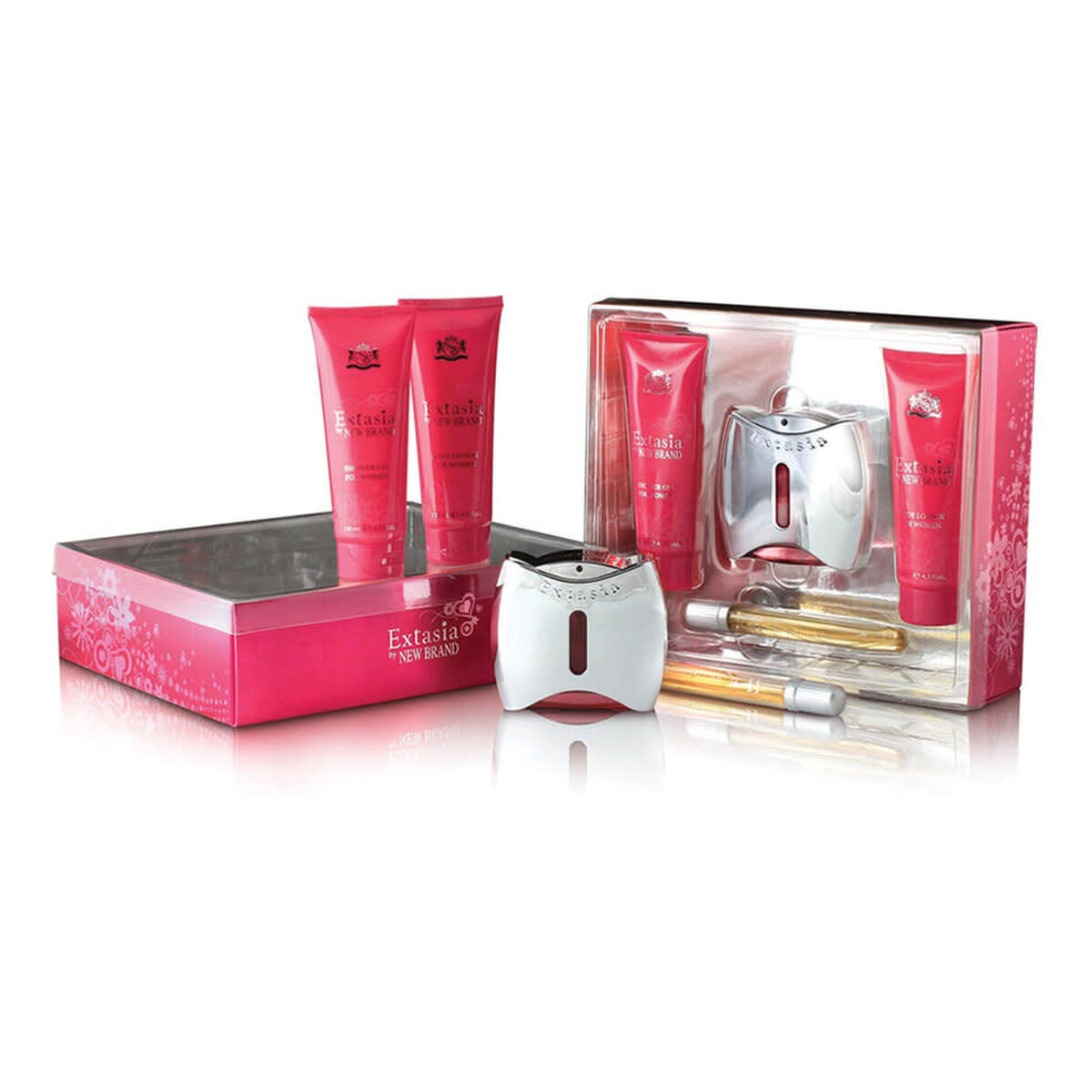 New Brand Extasia For Women Zestaw woda perfumowana spray 100ml + balsam do ciała 130 ml + żel pod prysznic 130ml + woda perfumowana spray 15ml