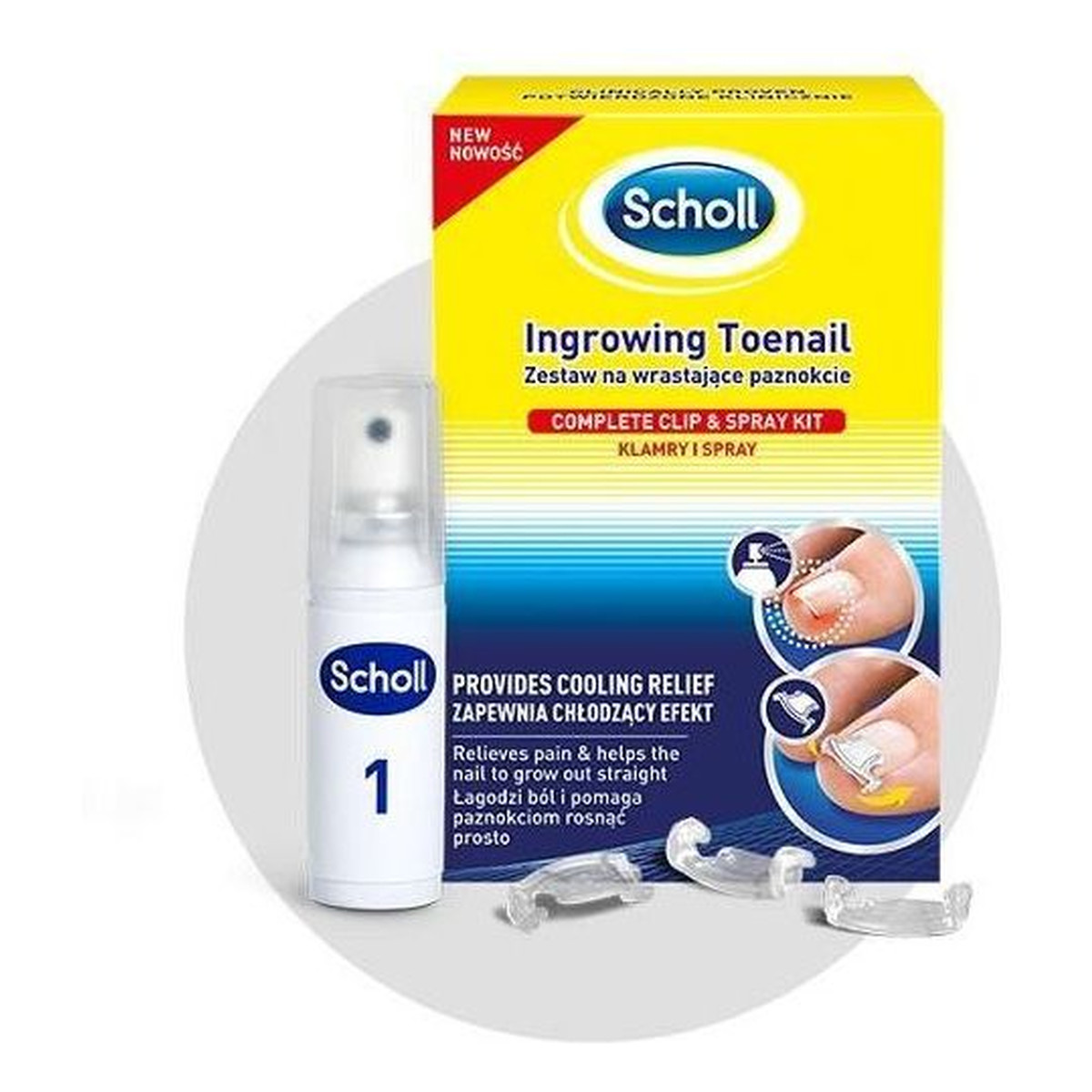 Scholl Ingrowing Toenail Zestaw na wrastające paznokcie Chłodzący spray w aerozolu + Klej do paznokci + 10 klamer na paznokcie