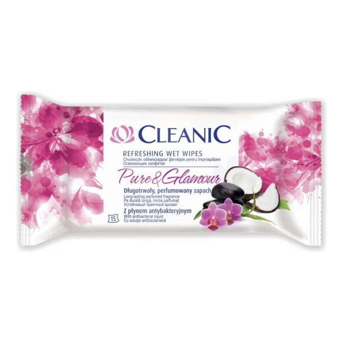 Cleanic Refreshing Wet Wipes Chusteczki Odświeżające Pure & Glamour 15 szt. z Płynem Antybakteryjnym
