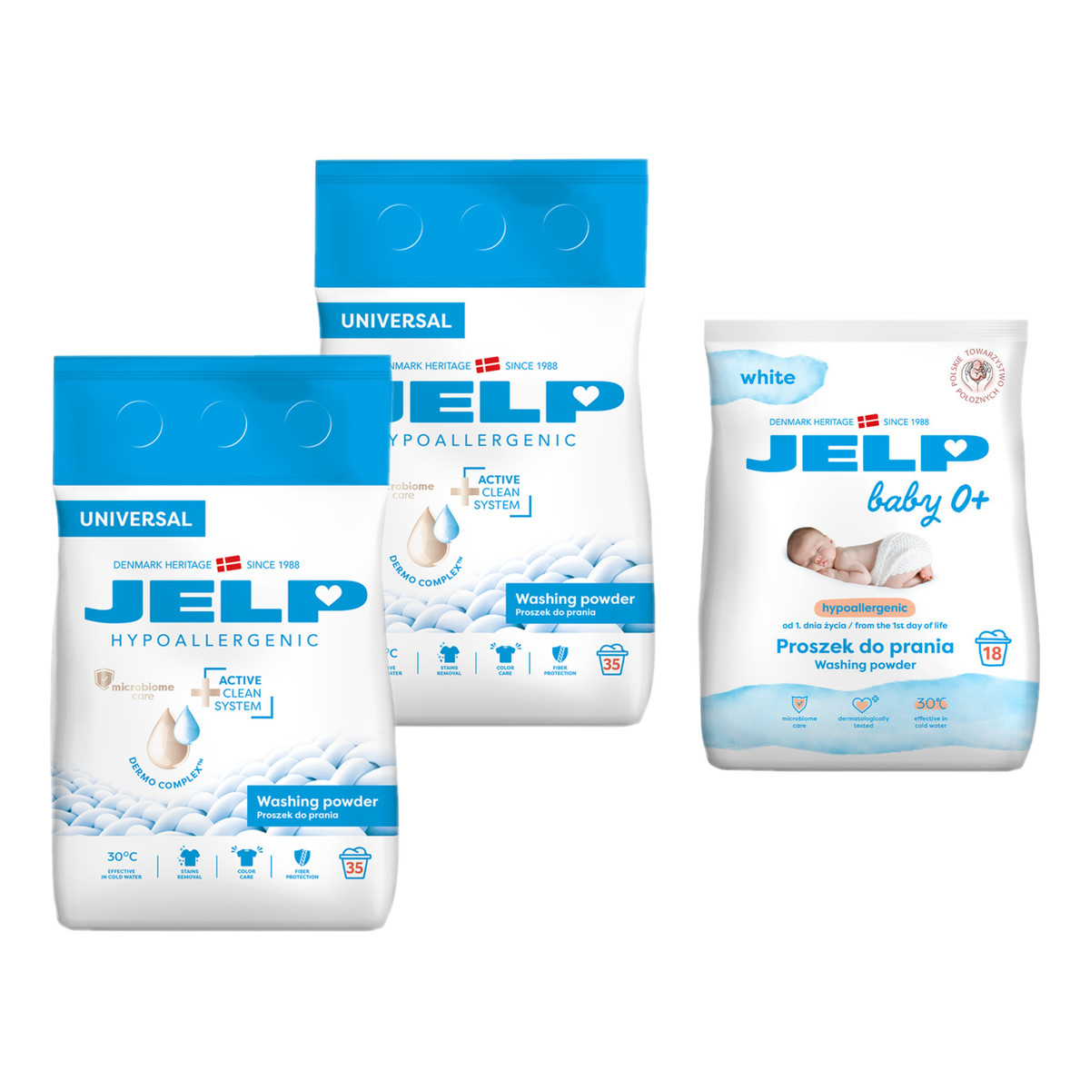 Jelp Hypoallergenic Proszek do prania 2x Universal 2x2.1kg + Baby 0+ do Białego 1.35kg