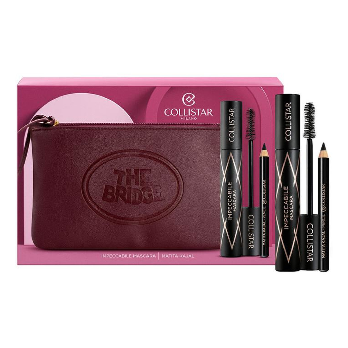Collistar Zestaw impeccabile mascara tusz do rzęs black 11ml + matita kajal kredka do oczu black 0.8g + the bridge burgundowa kosmetyczka