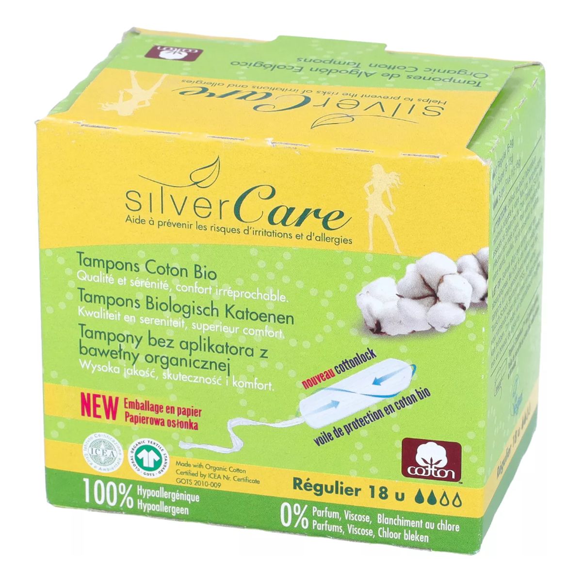 MASMI Silver Care Organiczne bawełniane tampony Regular bez aplikatora 100% bawełny organicznej 18szt
