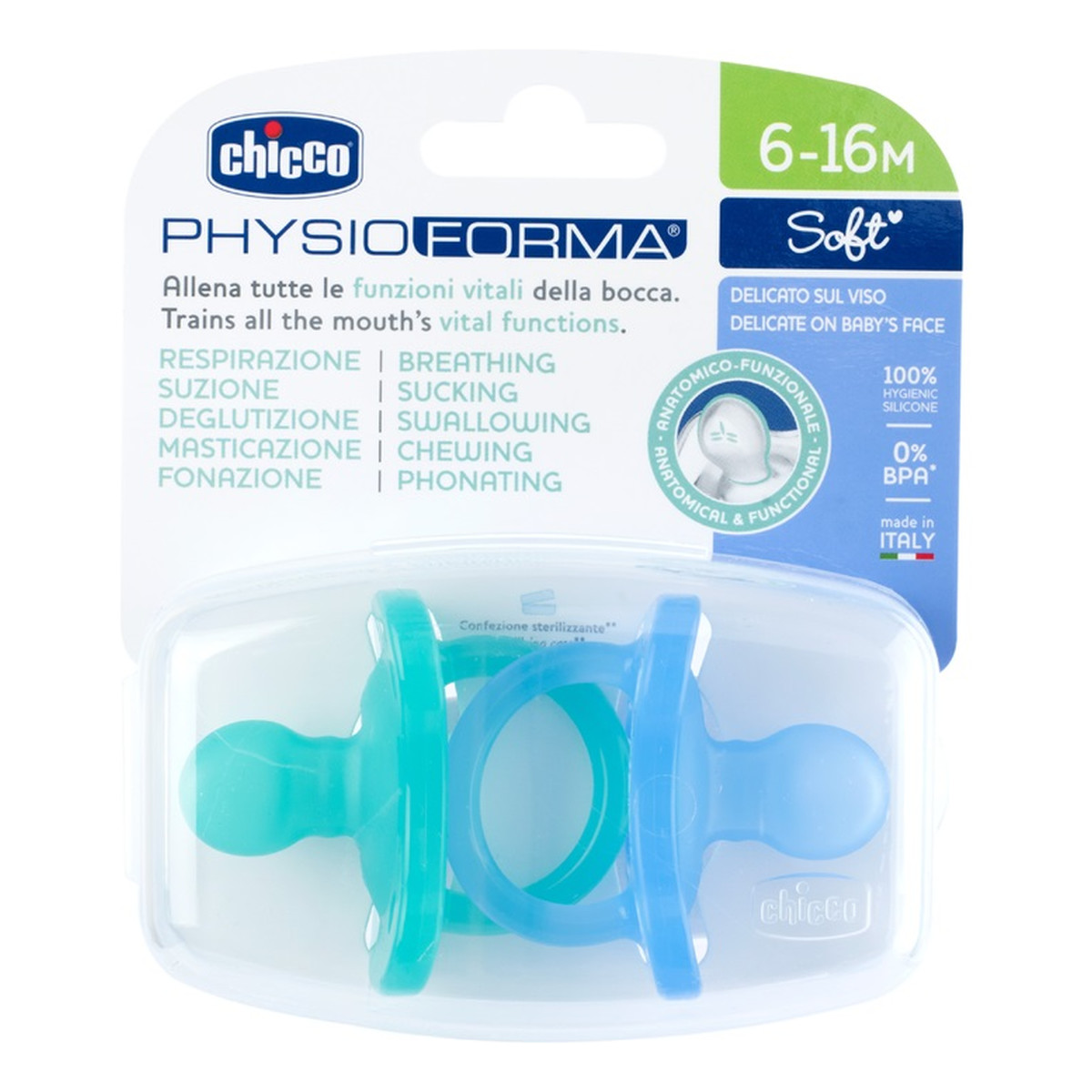 Chicco Physioforma soft smoczek silikonowy uspokajający 6-16m niebieski 2szt.
