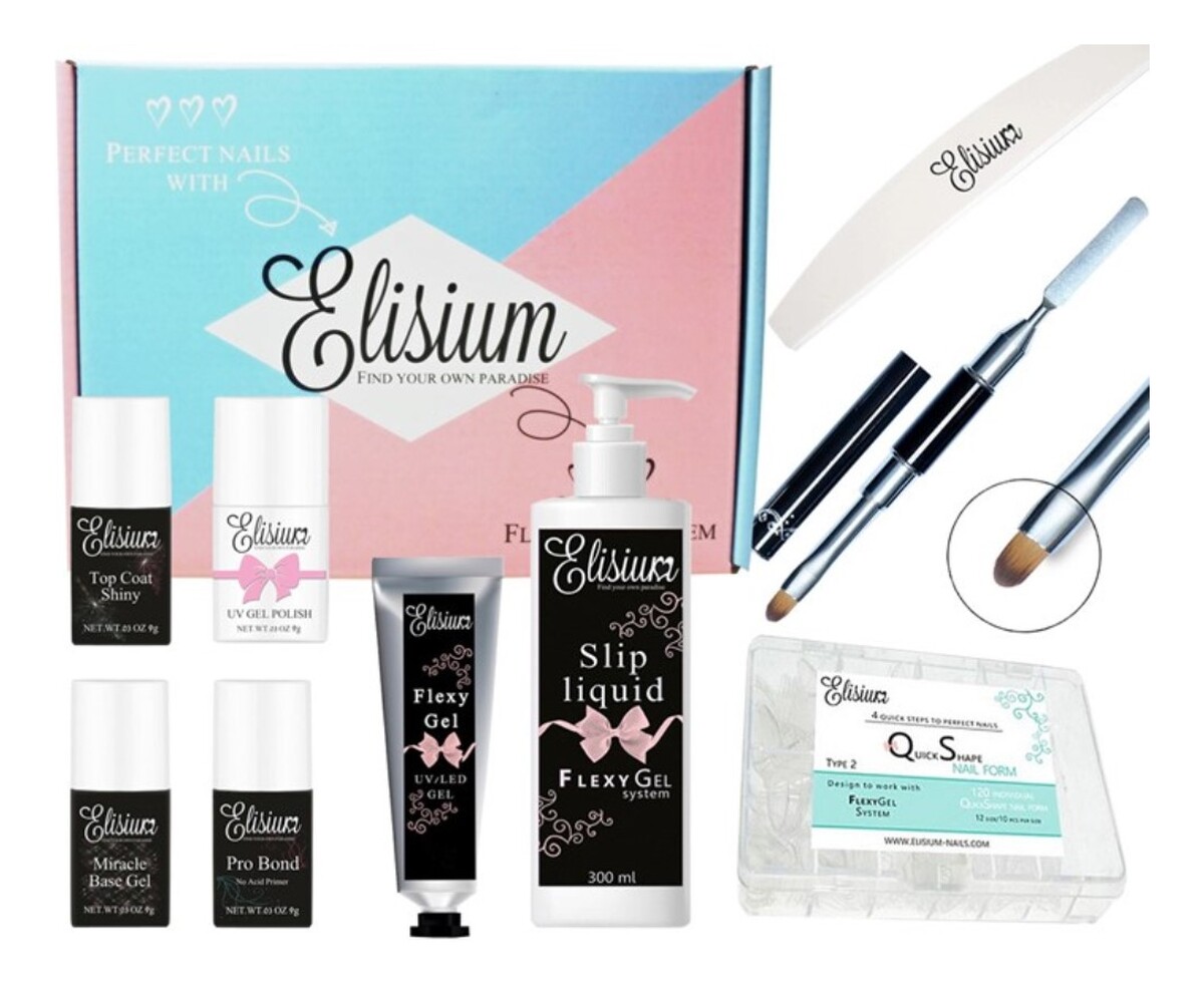 Zestaw Maxi FlexyGel Pro Bond + Miracle Base Gel + Top Coat Shiny + FlexyGel Milk & Slip Liquid + pędzelek ze szpatułką + pilnik 180/100 + Quick Shape Nail Form + lakier hybrydowy